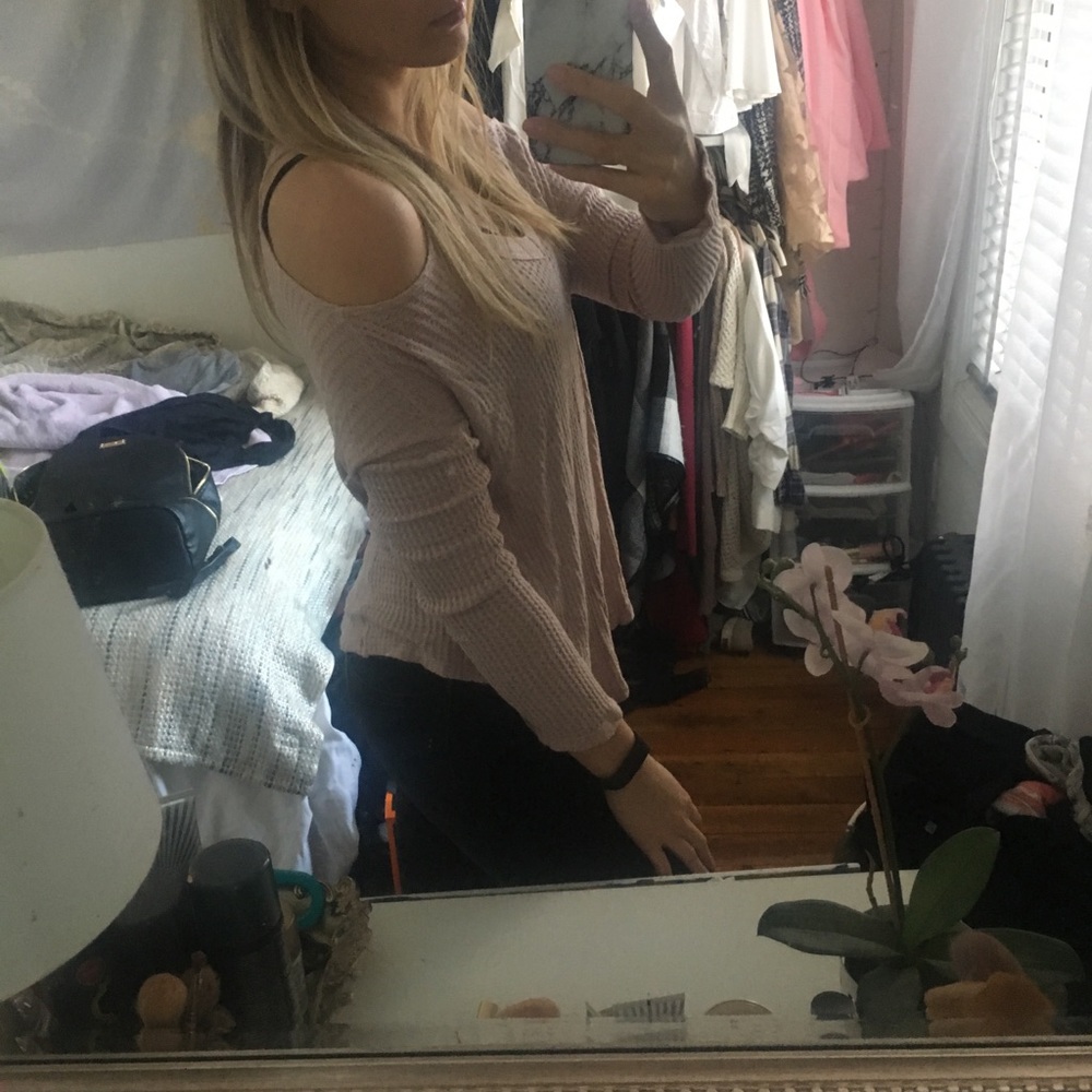 Pink waffle knit off shoulder cut-out sweater